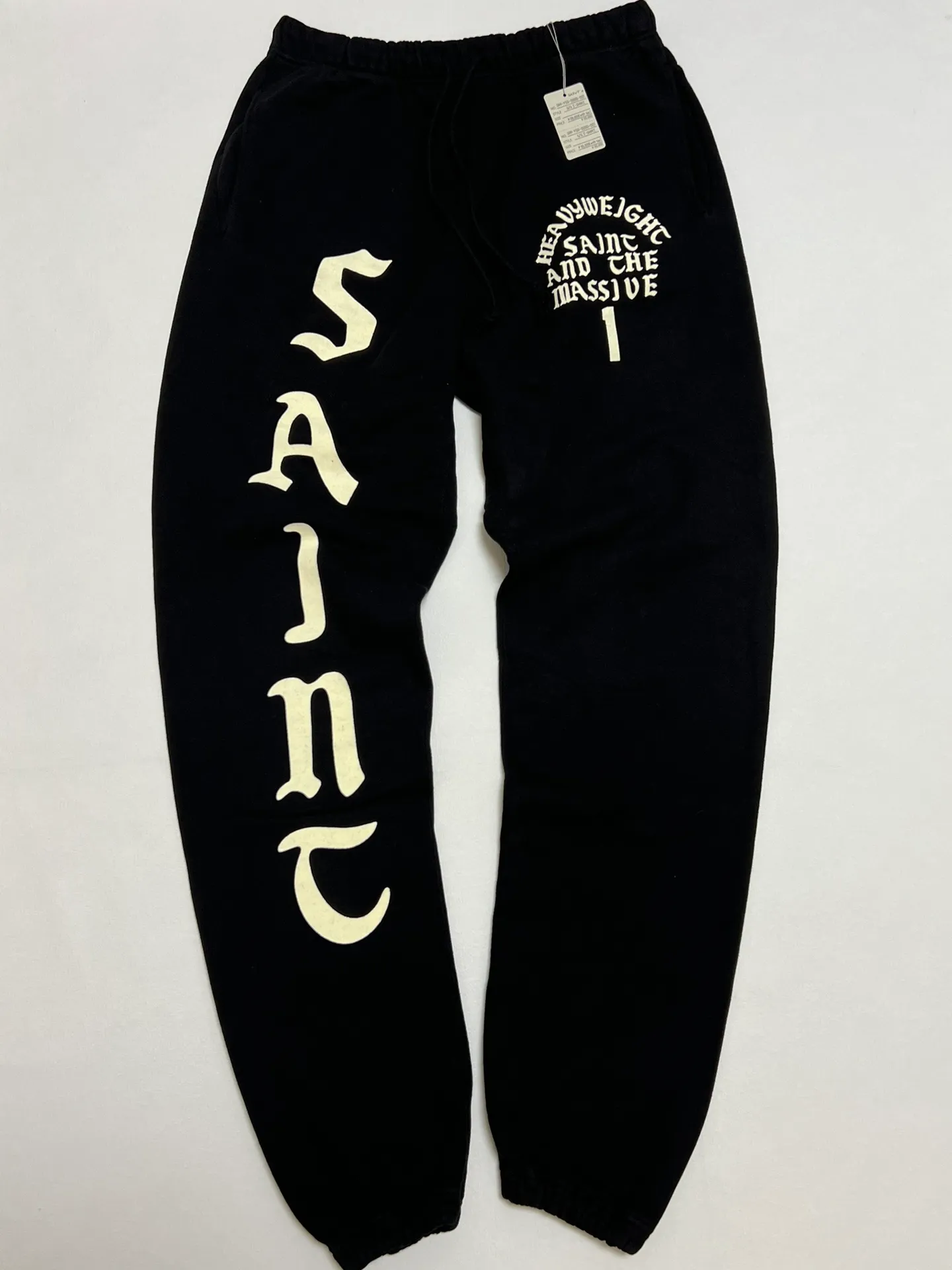SAINT Mxxxxxx SWT PNT/IT'S SAINT/BLK flocked sweatpants black S-X ⚠️Attention: important points: this is flocking printing, not glue or crack paste. Don't buy what you see in the picture. Electrostatic flocking printing technology. Correct accessories. Fruit main mark/little angel anti-counterfeiting mark.